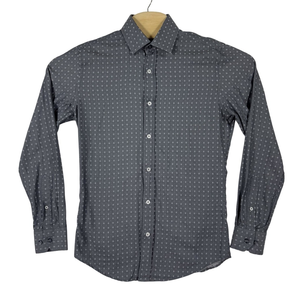 Duchamp London Shirt Mens Small 14.5 Gray Diamond Print Button-Up  Long Sleeve